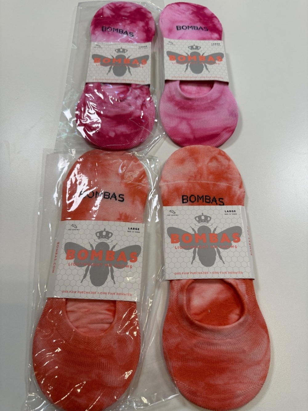 Bombas NWT Tie Dye No Show Socks 4PR Total 2PR-ORG 2PR-PNk SZ: LRG fit SZ 7-9